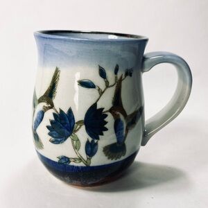 Vintage Otagiri Hummingbird Bird Blue Flower Hand painted Pottery Stoneware Mug